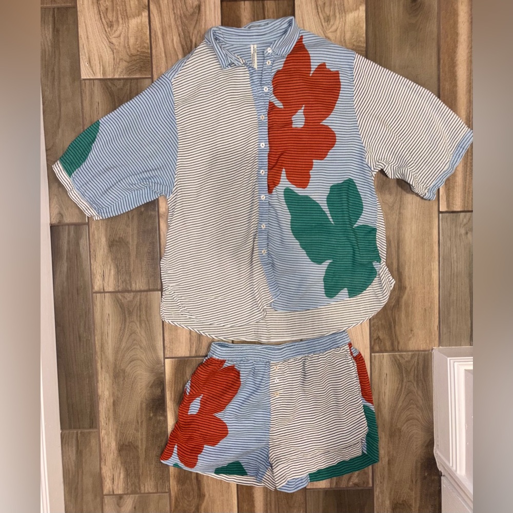 Anthropologie Blue/White Striped Set with Red and Green Floral. S-shorts L-top